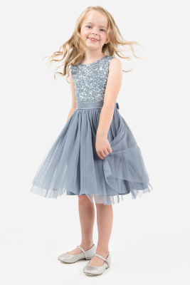 Mini Maya Dusty Blue Delicate Sequin Midi Dress With Bow - Wholesale Pack