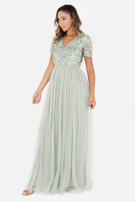 Maya Sage Green V Neckline Embellished Maxi Dress  - STRAIGHT SIZE Wholesale Pack
