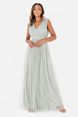 Maya Sage Green Maxi Dress with Ruffle Shoulder Detail - STRAIGHT SIZE Wholesale Pack