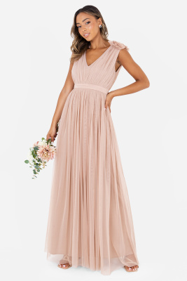 Maya Taupe Blush Maxi Dress With Ruffle Shoulder Detail - STRAIGHT SIZE Wholesale Pack