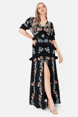 Maya Floral Embellished Black Maxi Dress with Front Split - Wholesale Pack