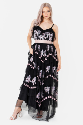 Maya Floral Embroidery Tired Black Maxi Dress - Wholesale Pack