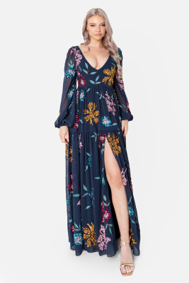 Maya Floral Embellished Navy Maxi Dress with Thigh Split - Wholesale Pack
