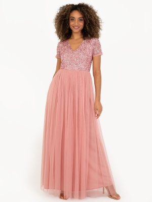  Maya Blossom Pink V Neckline Embellished Maxi Dress - STRAGHT SIZE Wholesale Pack
