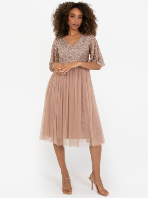 Maya Taupe Blush Short Flutter Sleeve Embellished Midi Dress - STRAIGHT SIZE Wholesale Pack