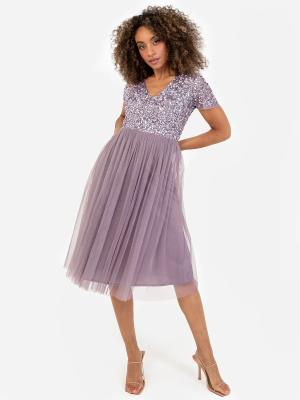 Maya Moody Lilac V Neckline Embellished Midi Dress - STRAIGHT SIZE Wholesale Pack
