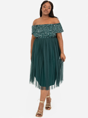 Maya Emerald Green Bardot Embellished Midi Dress - PLUS SIZE Wholesale Pack