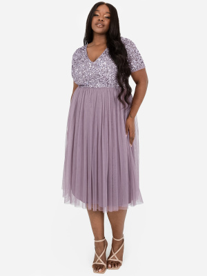 Maya Moody Lilac V Neckline Embellished Midi Dress - PLUS SIZE Wholesale Pack