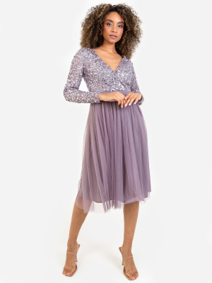 Maya Moody Lilac Faux Wrap Front Embellished Midi Dress - STRAIGHT SIZE Wholesale Pack