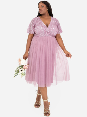 Maya Pink Faux Wrap Short Sleeve Embellished Midi Dress - PLUS SIZE Wholesale Pack