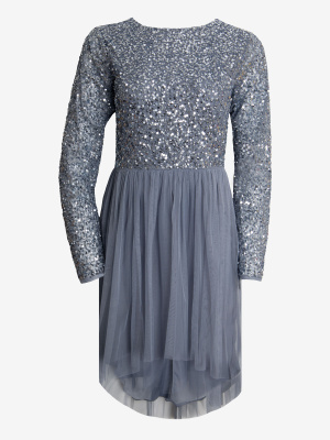 Teen Maya Dusty Blue Long Sleeve Embellished High Low Hem Dress - Wholesale Pack