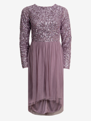Teen Maya Moody Lilac Long Sleeve Embellished High Low Hem Dress - Wholesale Pack