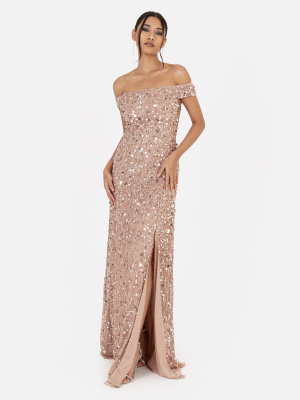 Maya Taupe Blush Fully Embellished Bardot Maxi Dress - PLUS SIZE Wholesale Pack