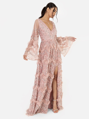 Maya Pink Fully Embellished Maxi Dress with Frill Detail - Wholesale Pack