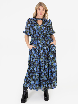 Lovedrobe Luxe Black & Blue Floral Midi Dress with Keyhole Detail - Wholesale Pack
