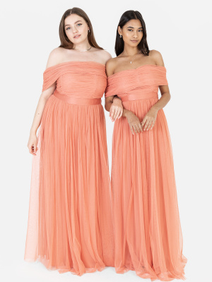 Anaya With Love Recycled Coral Bardot Maxi Dress with Sash Belt