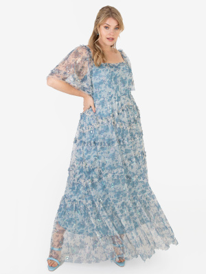 Lovedrobe Luxe Blue Floral Square Neck Maxi Dress with Frill & Sequin Detail - Wholesale Pack