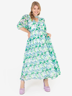 Lovedrobe Luxe White & Green Floral Midi Dress with Keyhole Detail