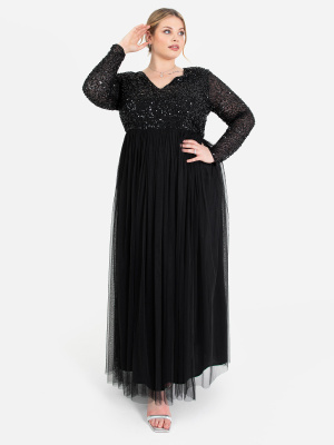 Maya Black V Neck Embellished Long Sleeve Maxi Dress - PLUS SIZE Wholesale Pack