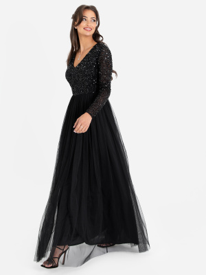 Maya Black V Neck Embellished Long Sleeve Maxi Dress - STRIAGHT SIZE Wholesale Pack