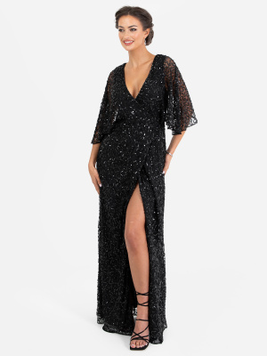 Maya Black Fully Embellished Faux Wrap Maxi Dress - STRAIGHT SIZE Wholesale Pack