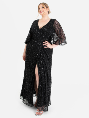 Maya Black Fully Embellished Faux Wrap Maxi Dress - PLUS SIZE Wholesale Pack