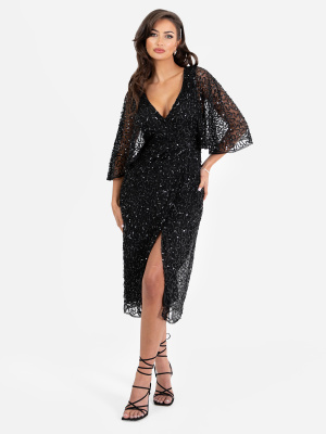 Maya Black Fully Embellished Faux Wrap Midi Dress - STRAIGHT SIZE Wholesale Pack