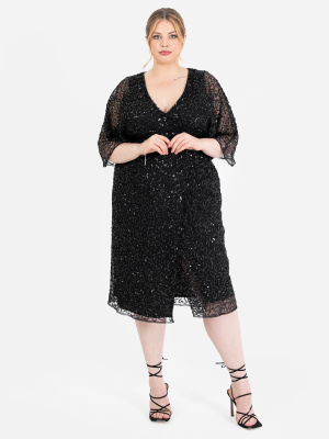 Maya Black Fully Embellished Faux Wrap Midi Dress - PLUS SIZE Wholesale Pack