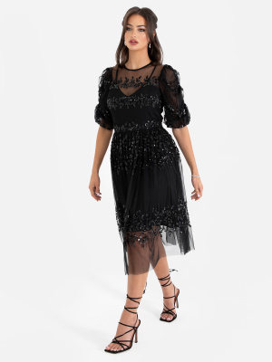 Maya Black Floral Embellished Ruched Sleeve Midi Dress 
