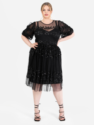 Maya Black Floral Embellished Ruched Sleeve Midi Dress - PLUS SIZE Wholesale Pack