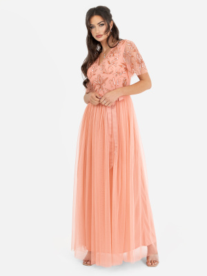 Maya Apricot Floral Embellished Maxi Dress with Sash Belt - STRAIGHT SIZE Wholesale Pack
