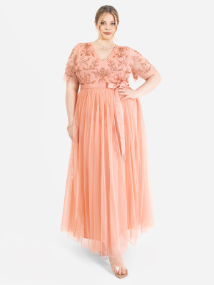 Maya Apricot Floral Embellished Maxi Dress with Sash Belt - PLUS SIZE Wholesale Pack