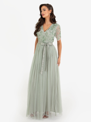 Maya Sage Green Floral Embellished Maxi Dress with Sash Belt - STRAIGHT SIZE Wholesale Pack