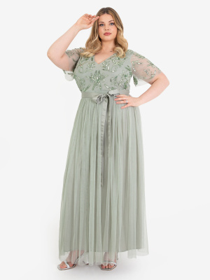 Maya Sage Green Floral Embellished Maxi Dress with Sash Belt - PLUS SIZE Wholesale Pack