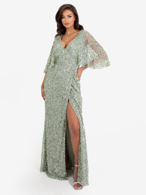 Maya Sage Green Fully Embellished Faux Wrap Maxi Dress - STRAIGHT SIZE Wholesale Pack