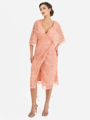 Maya Apricot Fully Embellished Faux Wrap Midi Dress - STRAIGHT SIZE Wholesale Pack