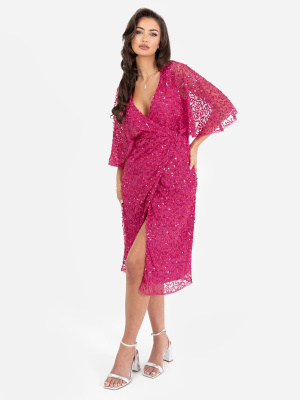 Maya Fuchsia Fully Embellished Faux Wrap Midi Dress - STRAIGHT SIZE Wholesale Pack