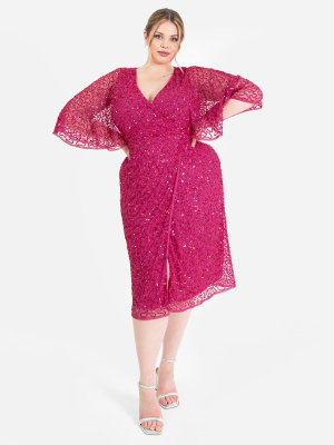Maya Fuchsia Fully Embellished Faux Wrap Midi Dress - PLUS SIZE Wholesale Pack