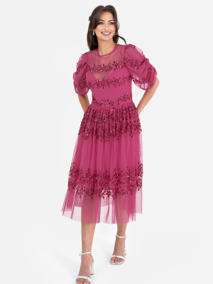Maya Hot Pink Floral Embellished Ruched Sleeve Midi Dress - STRAIGHT SIZE Wholesale Pack