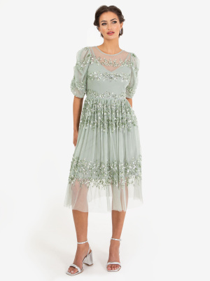 Maya Soft Green Floral Embellished Ruched Sleeve Midi Dress - STRAIGHT SIZE Wholesale Pack