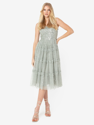 Maya Sage Green Embellished Cami Midi Dress with Frill Detail - STRAIGHT SIZE Wholesale Pack