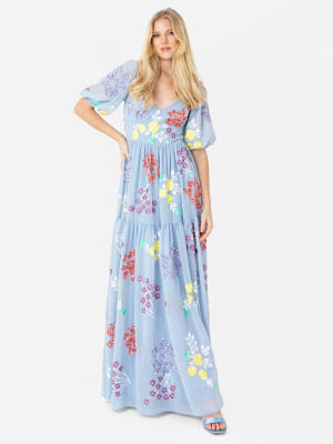 Maya Blue Keyhole Back Floral Maxi Dress with Thigh Split - STRAIGHT SIZE Wholesale Pack