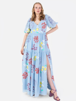 Maya Blue Keyhole Back Floral Maxi Dress with Thigh Split - PLUS SIZE Wholesale Pack