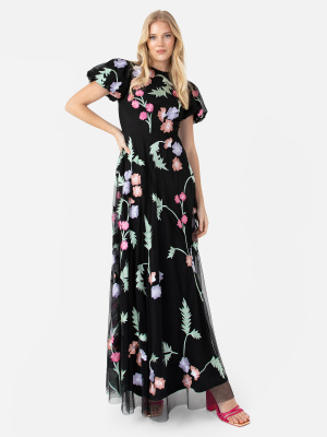 Maya Floral Embroidery & Open Back Black Maxi Dress