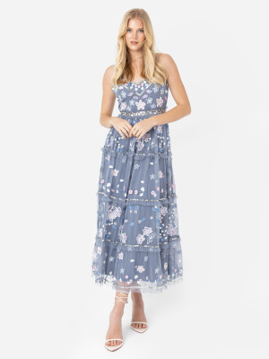 Maya Dusty Blue Floral Embellished Cami Midi Dress - Wholesale Pack