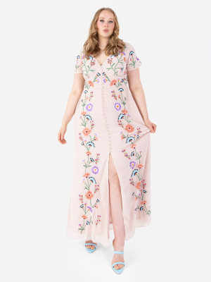 Maya Floral Embroidery & Faux Button Front Maxi Dress - PLUS SIZE Wholesale Pack