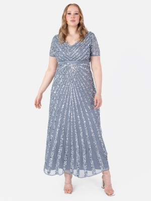 Maya Dusty Blue Short Sleeve Stripe Embellished Maxi Dress -PLUS SIZE Wholesale Pack
