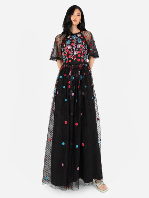 Maya Black Floral Embroidered Spot Mesh Maxi Dress - STRAIGHT SIZE Wholesale Pack