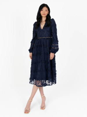 Maya Navy 3D Floral Embroidered Long Sleeve Midi Dress - STRAIGHT SIZE Wholesale Pack