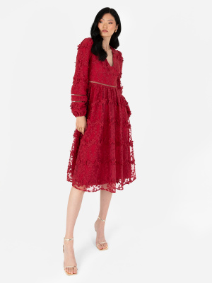 Maya Red 3D Floral Embroidered Long Sleeve Midi Dress - STRAIGHT SIZE Wholesale Pack